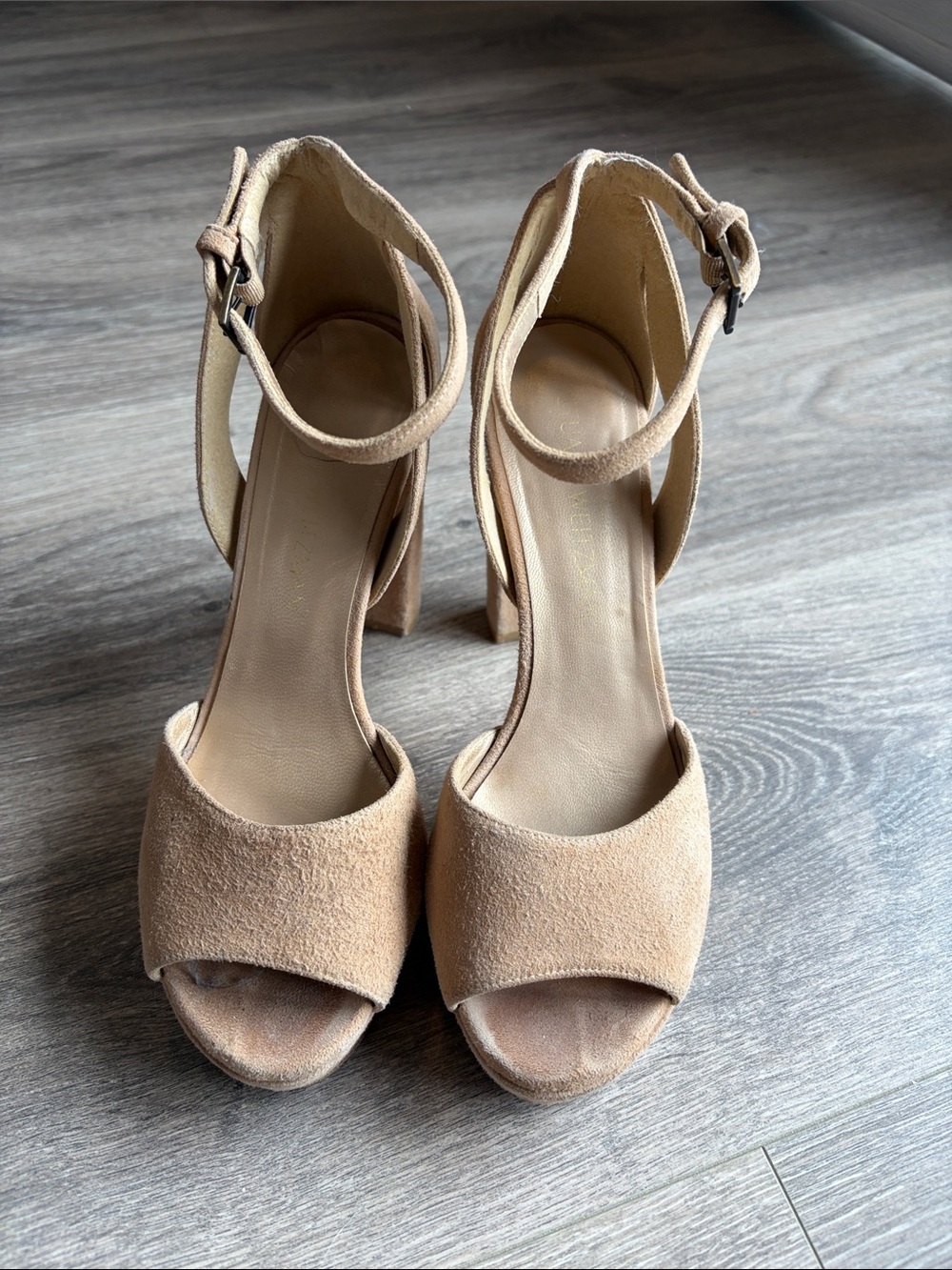 Stuart Weitzman Suede Open-Toe Ankle-Strap Heels - Beige